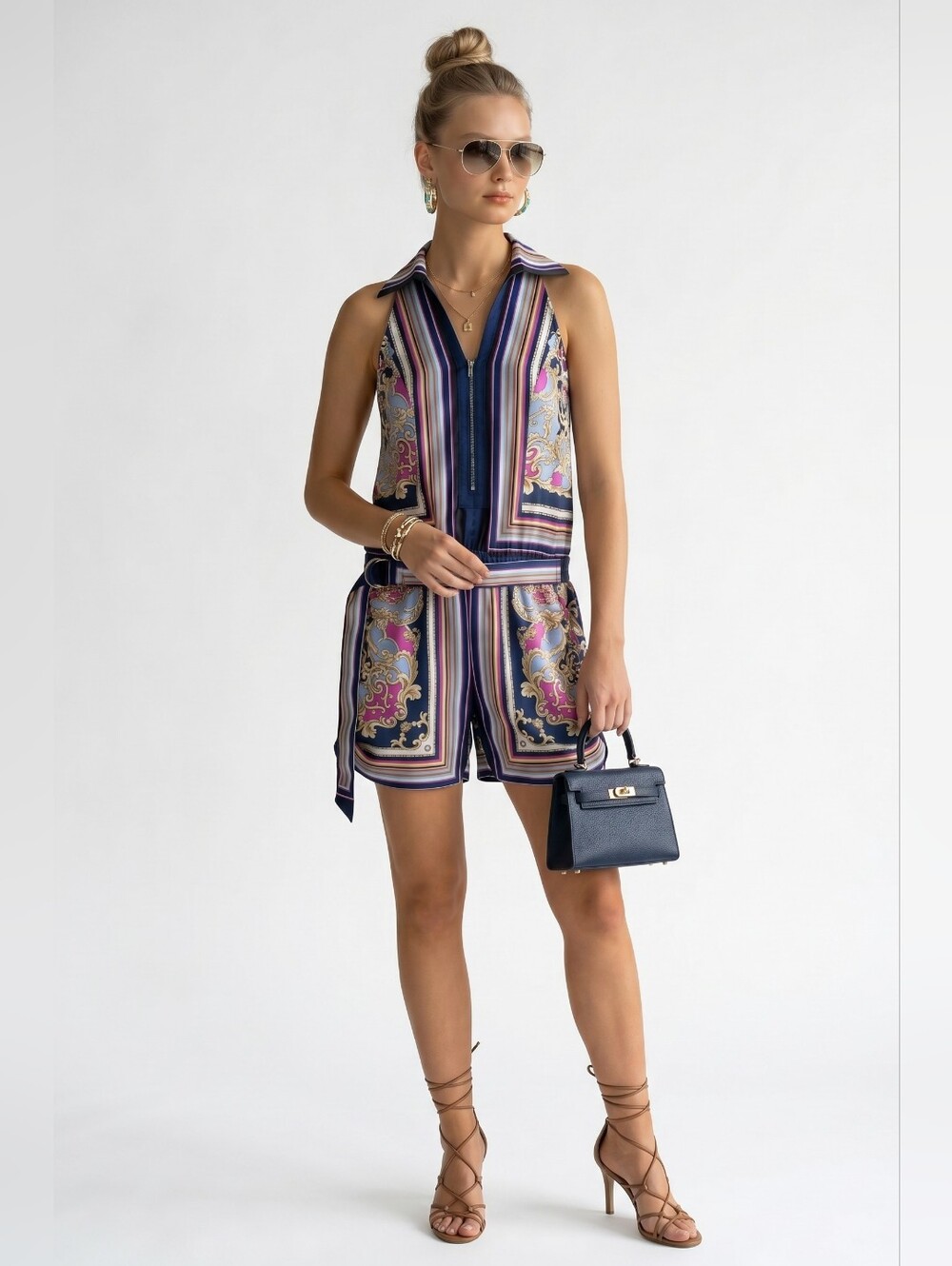 Cache Multicolor Striped Baroque Print Sleeveless Belted Romper Size XS